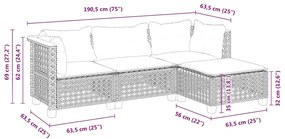 4 pcs conjunto de sofás para jardim c/ almofadões vime PE bege