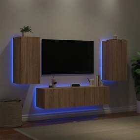 4pcs móveis parede p/ TV c/ LEDs deriv. madeira carvalho sonoma
