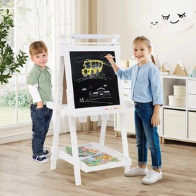 Cavalete de arte dobrável de dupla face 3 em 1 para crianças + 3 anos com quadro negro e rolo de papel substituível 3 copos bandejas Branco