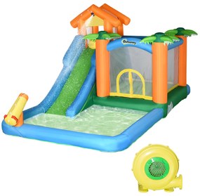 Outsunny Castelo Insuflável com Escorrega Trampolim Piscinas e Pistola de Água para Crianças acima de 3 Anos com Inflador e Bolsa de Transporte para Interior Exterior 550x285x260cm Multicor