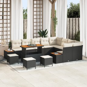Conjunto de Sofá de Jardim de 13 Peças com Almofadas Rattan Sintético Preto Acácia