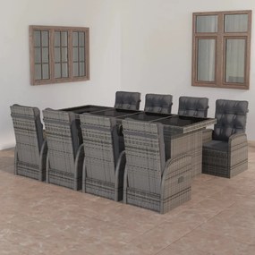 vidaXL 9 pcs conjunto jantar exterior c/ almofadões vime PE cinzento