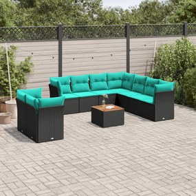 vidaXL 10 pcs conjunto de sofás p/ jardim c/ almofadões vime PE preto