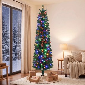 Árvore de Natal Estreita com 170 Luzes LED Bicolor, 180 cm, 351 Ramos Ignífugos, 11 Modos, 25 Pinhas, 25 Bagas Vermelhas, Comando, Verde