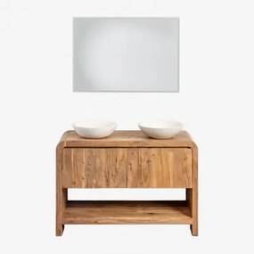 Conjunto De Móvel De Casa De Banho Em Madeira Vacry Castanho Acácia & 2 X Cimento Branco Redondo Ø40 Cm Zavion & Led Retangular E Anti-embaciamento 10