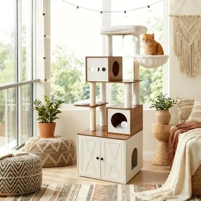 Arranhador para gatos com armário para caixa de areia, 100 x 61 x 178 cm, castanho-mel e branco vintage