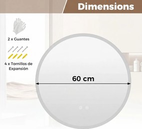 Espelho de casa de banho LED redondo de 60 cm com 3 cores de luz, regulação da intensidade, antiembaciamento e memória Prata
