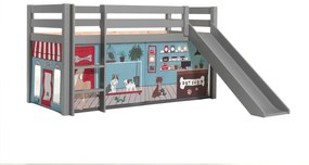 Cama alta de Criança PINO 90 x 200 cm + estrado + escada + escorrega + cortina Animais Cinzenta
