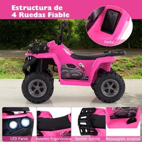 Moto 4 eletrica para crianças 6V de 4 rodas com botão de arranque Pneus Faróis LED Rosa
