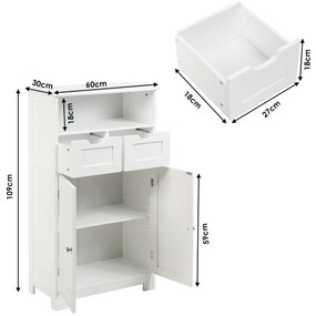 Armário de casa de banho com prateleira aberta 2 portas e 2 gavetas 60 x 30 x 109 cm Branco