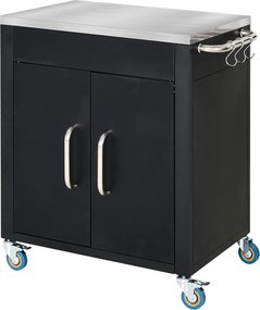 HOMCOM Carrinho de cozinha com rodas, carrinho de serviço com armário, ganchos e pegas em aço inox, auxiliar de cozinha, mesa de BBQ em aço inox, 86 x 50 x 86,5 cm Preto | Aosom Portugal