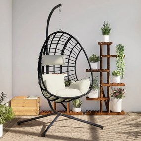 Cadeira em forma de ovo suspensa com suporte vime/aço bege