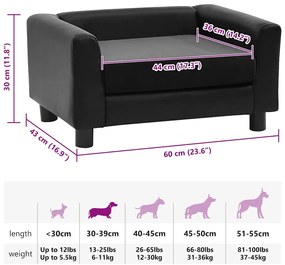 Sofá para cães 60x43x30 cm pelúcia e couro artificial preto