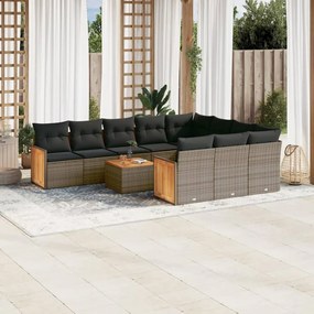 11 pcs conjunto sofás de jardim c/ almofadões vime PE cinzento