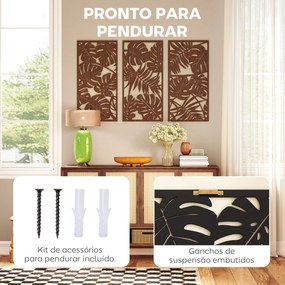 Decoração de Parede em Madeira 3D 3 Peças 40x80 cm Adornos de Parede com Padrão de Folhas Tropicais Nogueira