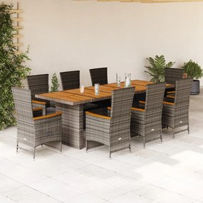 vidaXL 9 pcs conjunto de jantar p/ jardim c/ almofadões vime PE cinza