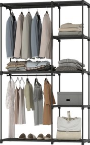 Guarda roupa aberto portátil com 2 varões para pendurar roupa e 6 prateleiras, 111 x 43 x 185 cm, preto