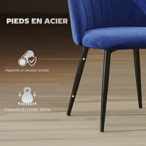 Conjunto de 2 cadeiras de sala de jantar, cadeiras de cozinha estofadas sem braços, pés em aço, 52x55x79 cm, azul