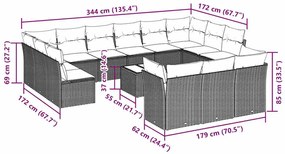 14 pcs conj. sofás jardim com almofadões vime PE cinzento-claro