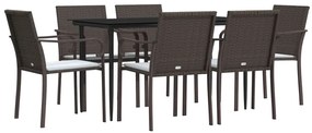 7 pcs conjunto de jantar p/ jardim c/ almofadões vime PE e aço