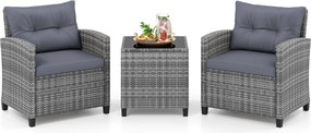 Conjunto de Jardim de 3 peças em rattan com almofadas macias e mesa em vidro temperado para varanda, alpendre ou jardim - cinzento