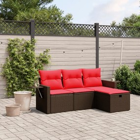 vidaXL 4 pcs conjunto sofás de jardim c/ almofadões vime PE castanho