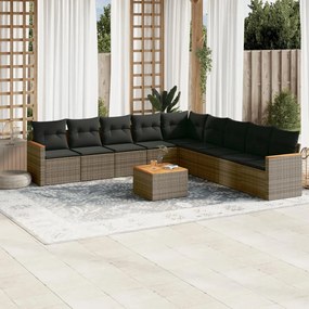10 pcs conjunto sofás de jardim c/ almofadões vime PE cinzento