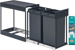 Caixote do lixo encastrar 48,6 x 25,4 x 44 cm com dois compartimentos e sistema de separação de lixo extraível, cinzento