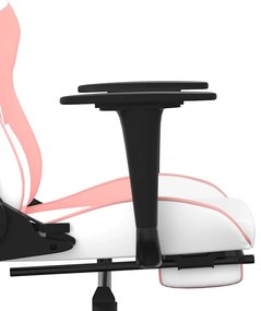Cadeira gaming massagens c/ apoio pés couro artif. branco/rosa