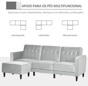 HOMCOM Sofá Cama com Chaise Longue de 3 Lugares Tato Aveludado com Encosto Ajustável e Apoio para os Pés Móvel 218x85x86cm Cinza