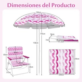Conjunto de guarda-sol de praia com 2 cadeiras dobráveis e manta de piquenique para exterior com mecanismo de inclinação Rosa