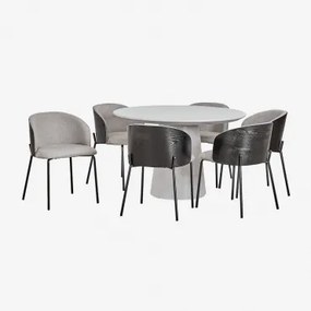 Conjunto De Mesa Redonda Ø120 Cm Em Cimento Noemi E 6 Cadeiras De Jantar Em Madeira Estofadas Amieva Cinzento Areia - Sklum