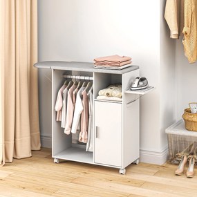Móvel de Engomar de Madeira com Rodas Barra para Pendurar Roupa Prateleira Aberta e Tábua Dobrável 107x42,5x99 cm Branco