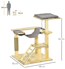 Árvore Arranhador para Gatos de Madeira Altura 65cm com Plataformas Coberto de Juta Rede Escada Almofada Removível de Tecido Oxford e Brinquedo Suspen