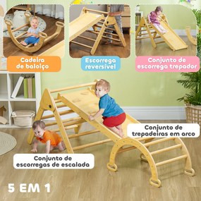 Triângulo de Escalada de Madeira 5 em 1 Escada para Crianças de 18-48 Meses com Rampa e Arco de Escalada 178x64,5x63 cm Madeira