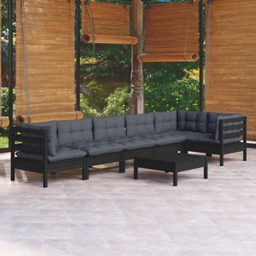 vidaXL 7 pcs conjunto lounge de jardim c/ almofadões pinho preto