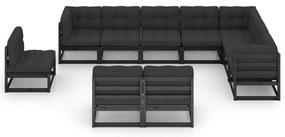 10 pcs conjunto longue jardim c/ almofadões pinho maciço preto