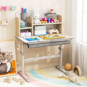 Secretária Infantil 80 x 51 x 88-110,5 cm com Altura Ajustável, Inclinável Gaveta Bandeja Estantes para Casa Escola Cinzenta