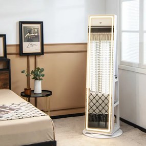 Armário para jóias com espelho de maquilhagem Base rotativa de 360° Armário para jóias com luzes LED Estante dobrável com fecho Branco