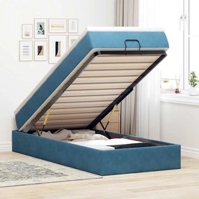 Estrutura cama otomana com colchão azul escuro 90x190cm veludo