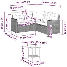 Sofá de jardim forma de L c/ mesa e almofadões vime PE bege