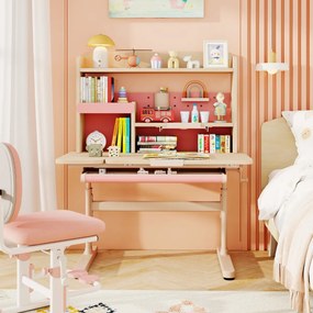 Conjunto de secretária e cadeira infantil com estante e gaveta Superfície inclinável Cadeira com altura e encosto ajustáveis Rosa