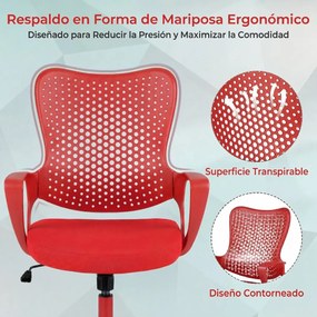 Cadeira de escritório ergonómica com braços, almofada acolchoada e encosto respirável, modelo «Borboleta», para estudar e trabalhar, vermelha