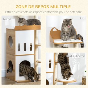 Arranhador para gatos com design contemporâneo 60 x 48 x 133 cm , com arranhadores, plataformas e 5 almofadas de sisal natural, castanho, branco