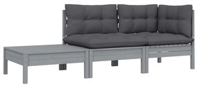 3 pcs conj. lounge jardim c/ almofadões pinho maciço cinzento