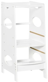 HOMCOM Torre de Aprendizagem de Madeira para Crianças Torre de Aprendizagem Infantil com Altura Ajustável em 3 Posições e Barra de Segurança 40x50x90cm Branco