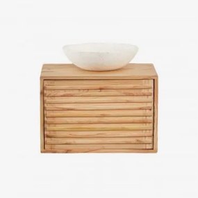 Conjunto De Móveis De Banheiro De Madeira Suspensos Deleyna Madeira Natural & Cimento Redondo Branco Ø40 Cm Zavion & Sem Espelho & Sem Torneira -