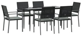 7 pcs conjunto de jantar p/ jardim c/ almofadões vime PE e aço