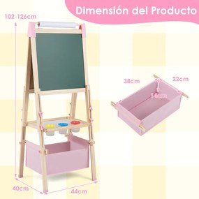 Cavalete de madeira para crianças ajustável com quadro negro e branco, rolo de papel e ímanes, natural e rosa
