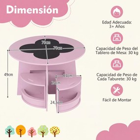 Conjunto de 5 Peças, Mesa Redonda Infantil e 4 Bancos com Arrumação, 70 x 70 x 49 cm, Design Empilhável, cor-de-rosa